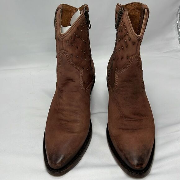 Discontinued Lucchese Brown Suede Ankle Zip Up Cowboy Boots with Studs - Picture 4 of 16